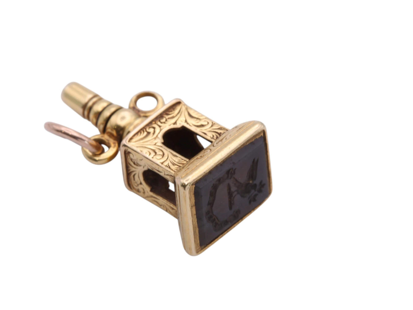 Antique 15ct Gold Watch Key Intaglio Dove "I bring happiness" , c.1880