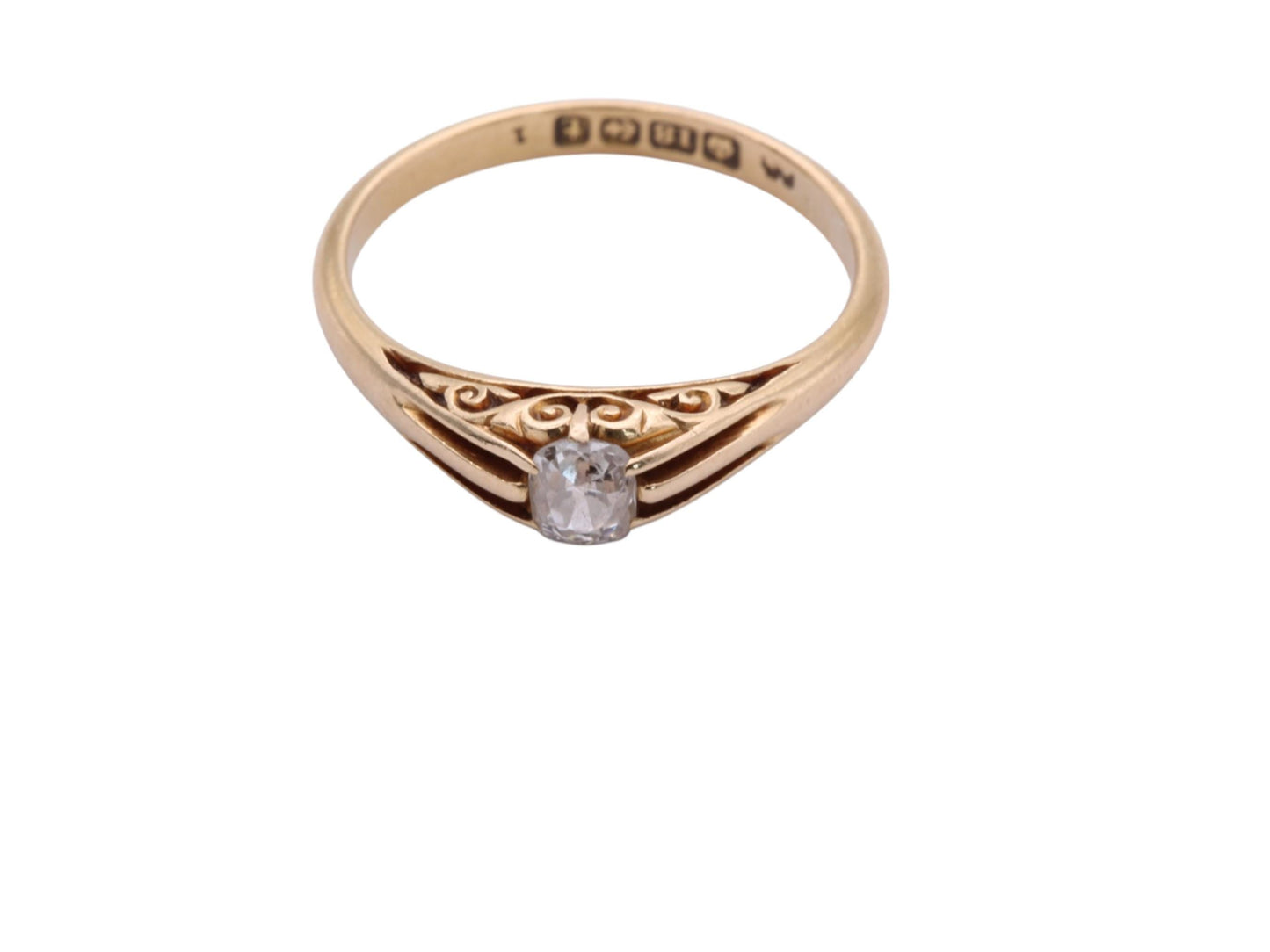 Antique 18ct Yellow Gold Cushion Cut Diamond Chased Ring, 1918
