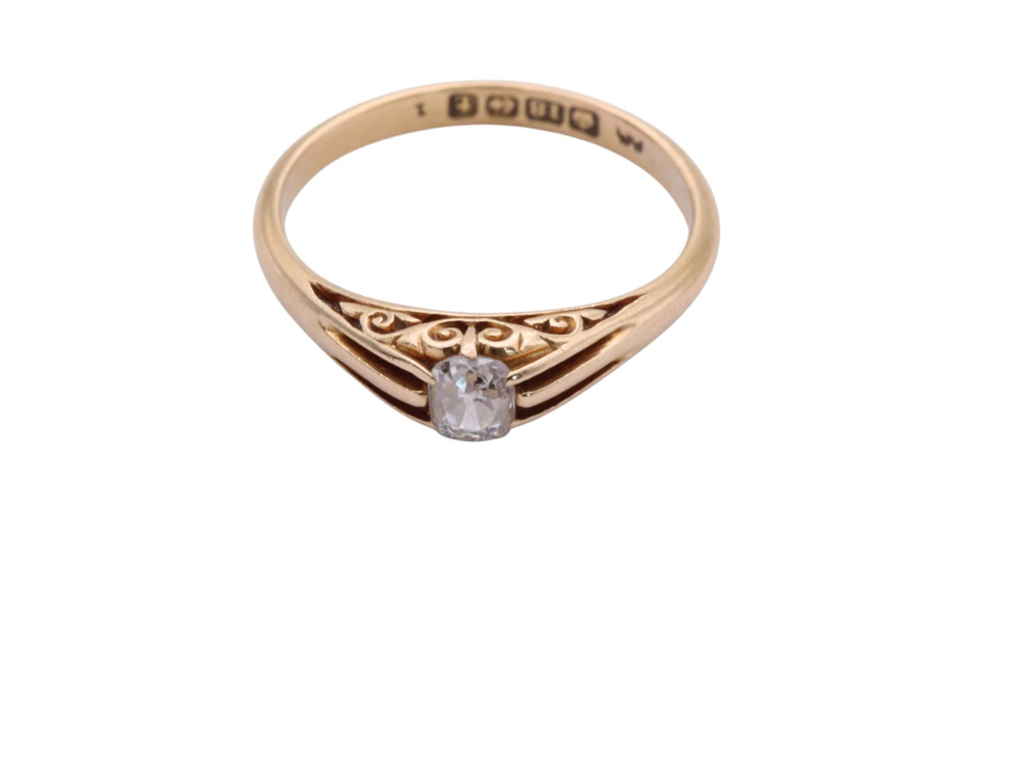 Antique 18ct Yellow Gold Cushion Cut Diamond Chased Ring, 1918