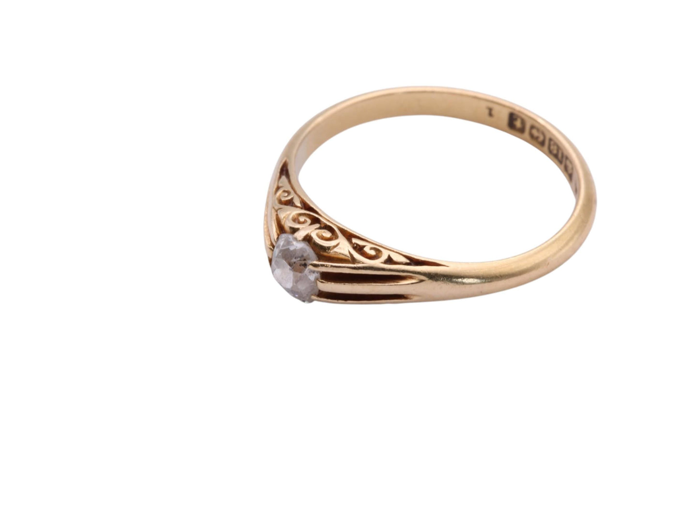 Antique 18ct Yellow Gold Cushion Cut Diamond Chased Ring, 1918