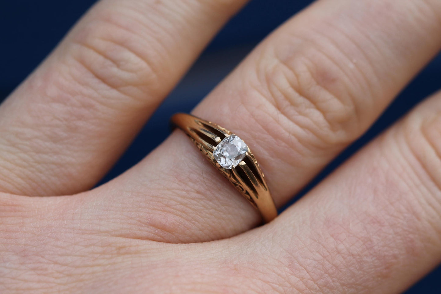 Antique 18ct Yellow Gold Cushion Cut Diamond Chased Ring, 1918