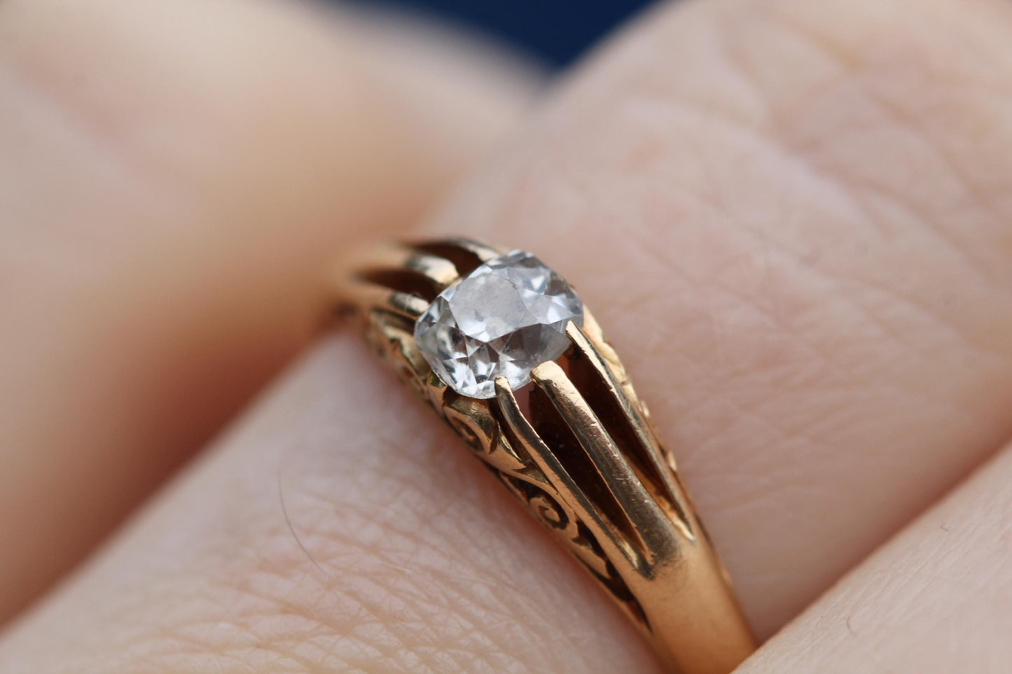 Antique 18ct Yellow Gold Cushion Cut Diamond Chased Ring, 1918
