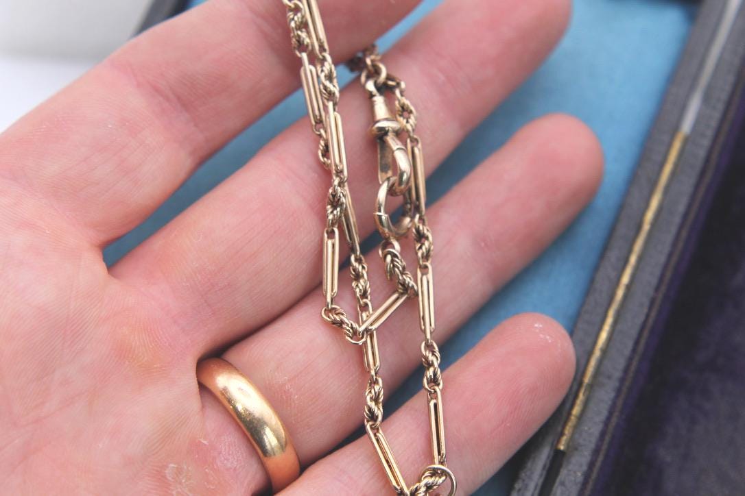 Antique 9ct Gold Lovers Knot & Fetter Link Albert Chain Necklace, 13.75"