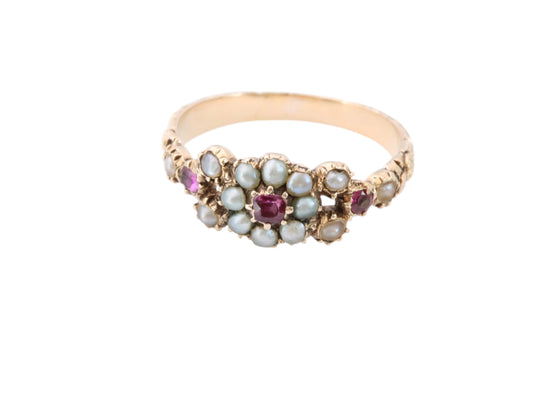 Antique Georgian 18ct Gold Floral Chased Ruby & Pearl Ring, c.1830