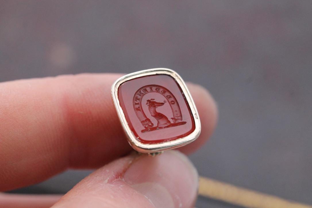 Antique 9ct Rolled Gold Intaglio "Obedience" Greyhound Seal Pendant