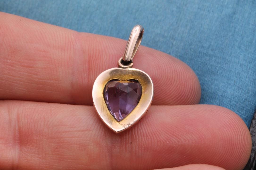 Antique 9ct Gold Amethyst Heart Pearl Pendant, 1.2ct