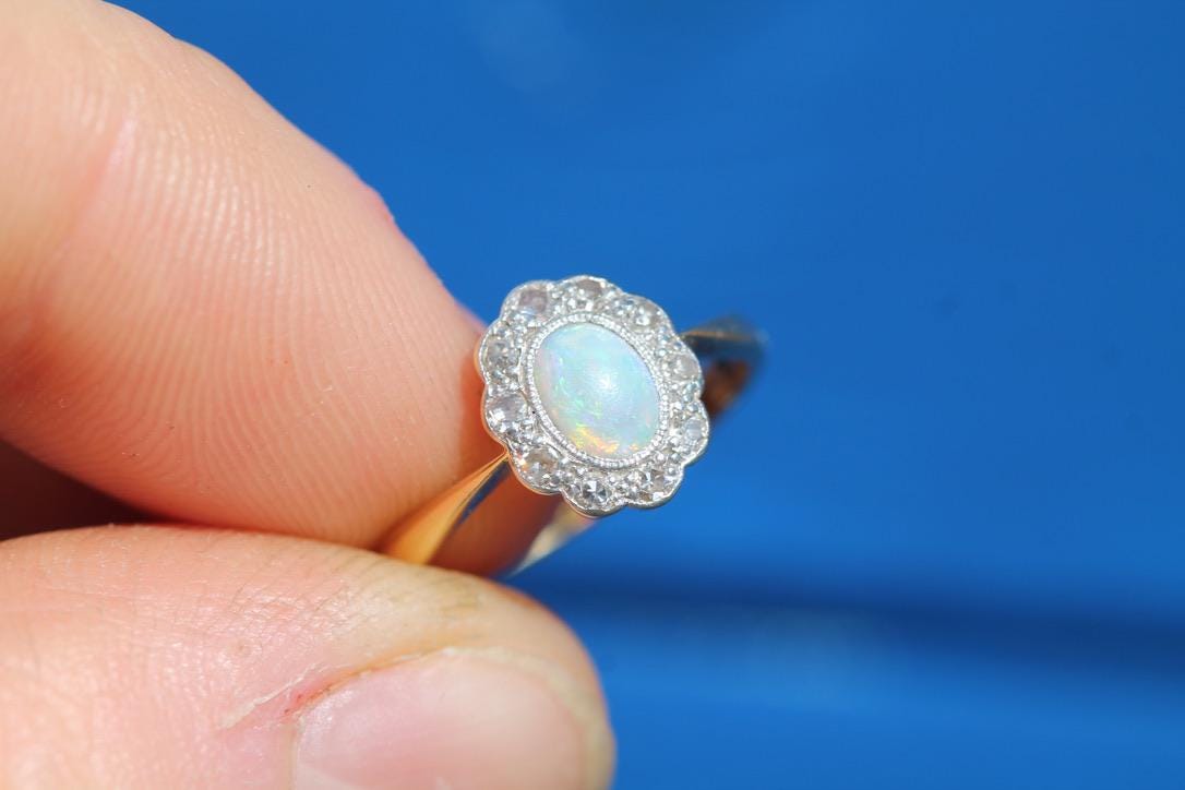 Antique Art Deco 18ct Gold & Platinum Opal Diamond Ring