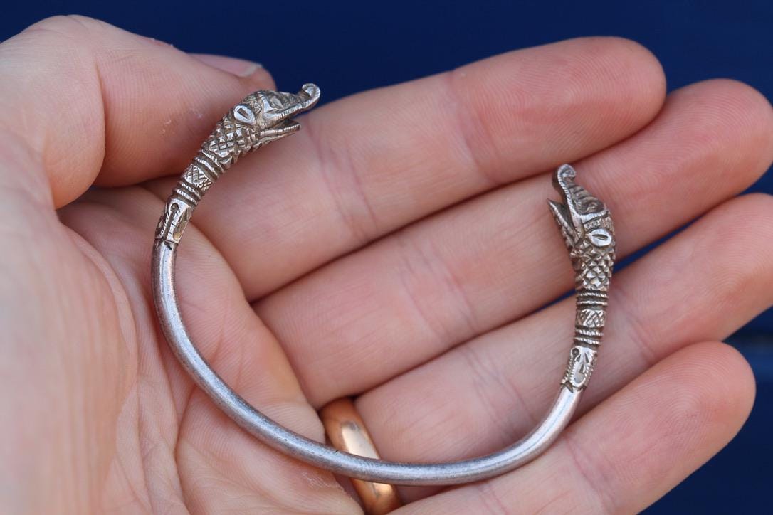 Antique Sterling Silver Makara Mythical Creature Bangle