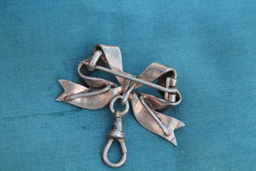 Antique Silver Enamel Bow Brooch, 1880