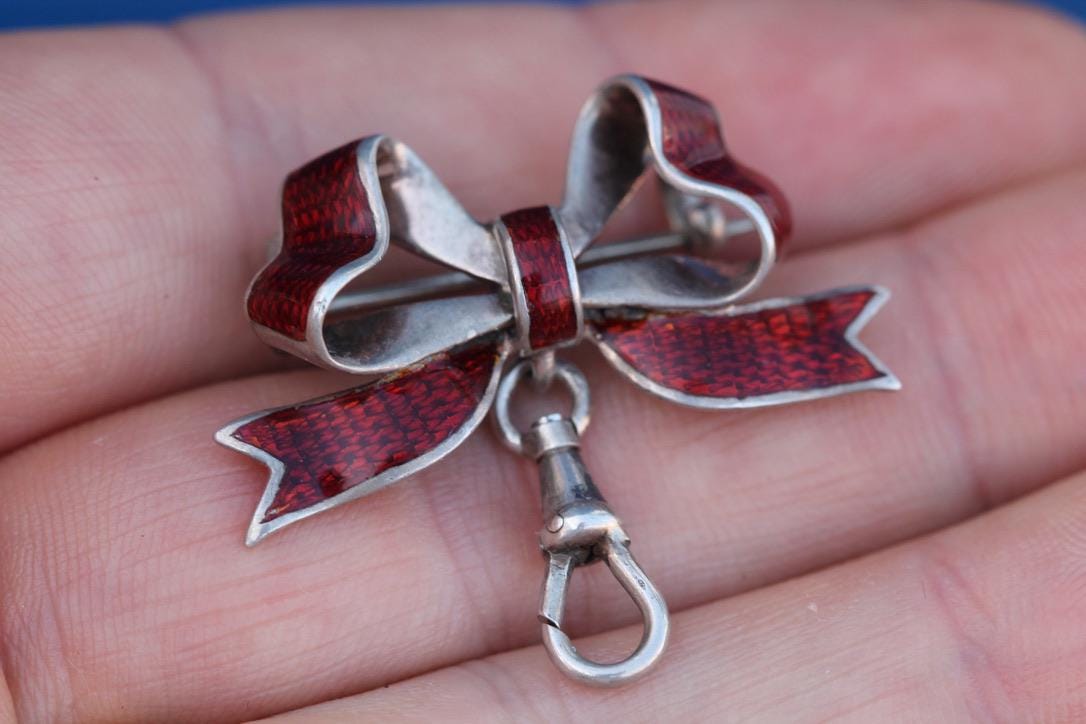 Antique Silver Enamel Bow Brooch, 1880