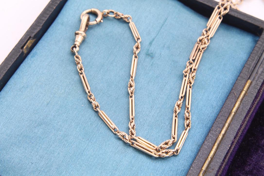 Antique 9ct Gold Lovers Knot & Fetter Link Albert Chain Necklace, 13.75"