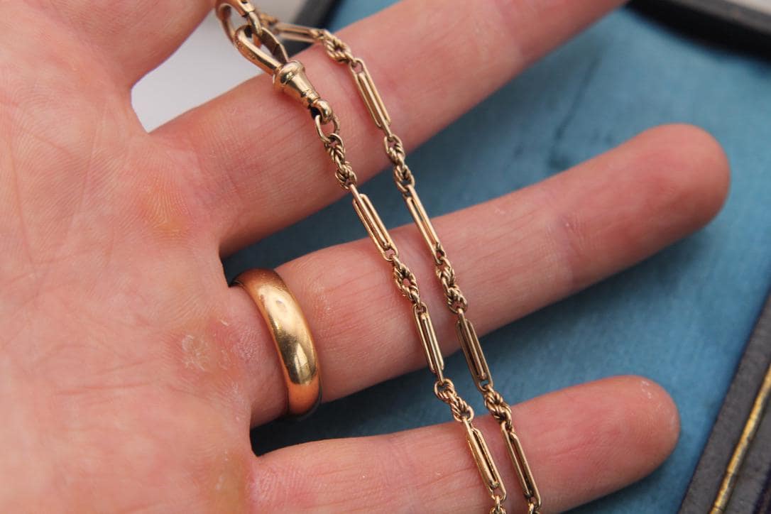 Antique 9ct Gold Lovers Knot & Fetter Link Albert Chain Necklace, 13.75"