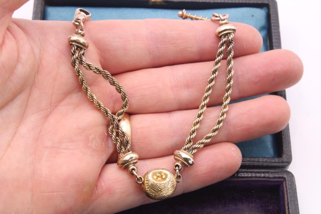 Antique 9ct Gold Birds Nest Albertina Bracelet, 7"