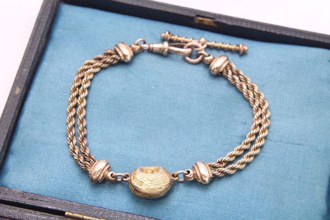 Antique 9ct Gold Birds Nest Albertina Bracelet, 7"