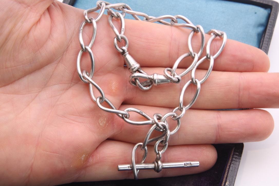 Antique Sterling Silver Twisted Trombone Link Necklace, 15.5"