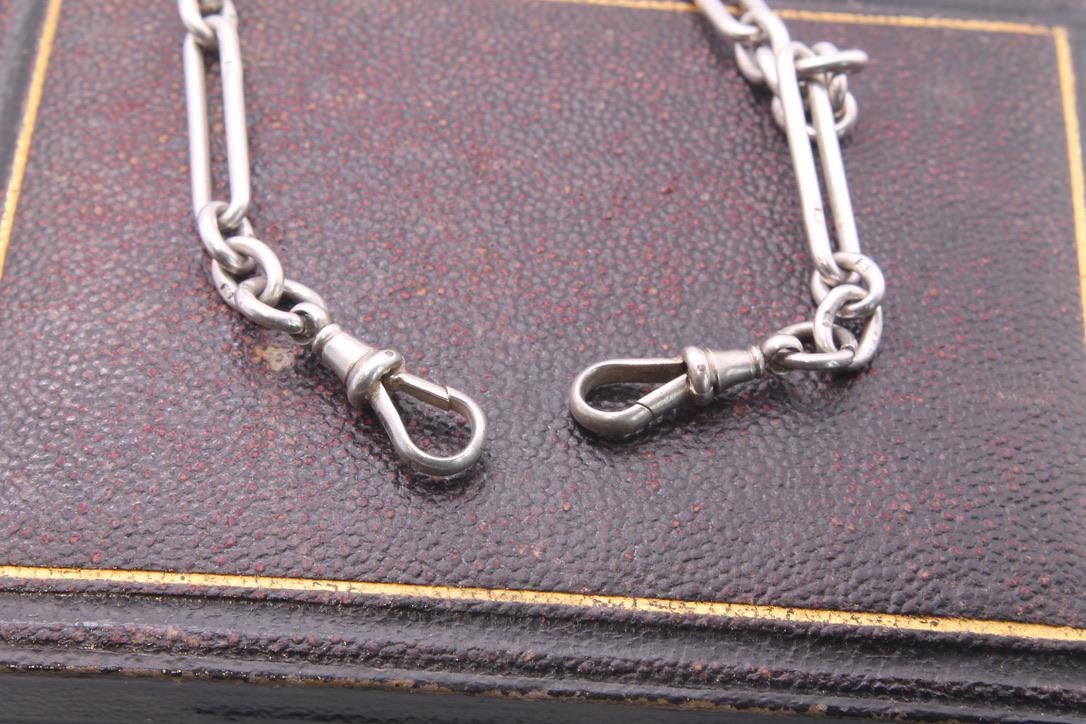 Antique Sterling Silver Trombone Link Necklace Chain, 14.25"