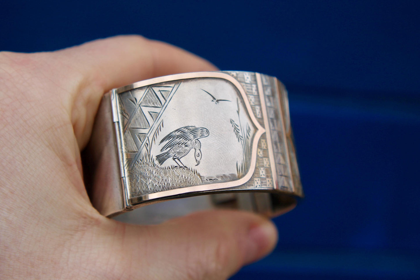 Antique Sterling Silver 9ct Gold Bird Scene Chased Bangle, 6.75"
