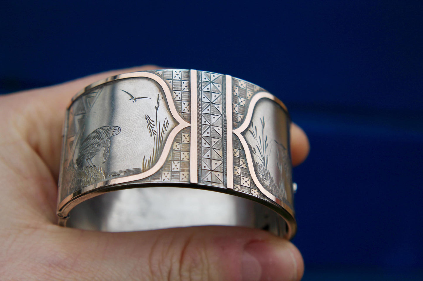 Antique Sterling Silver 9ct Gold Bird Scene Chased Bangle, 6.75"