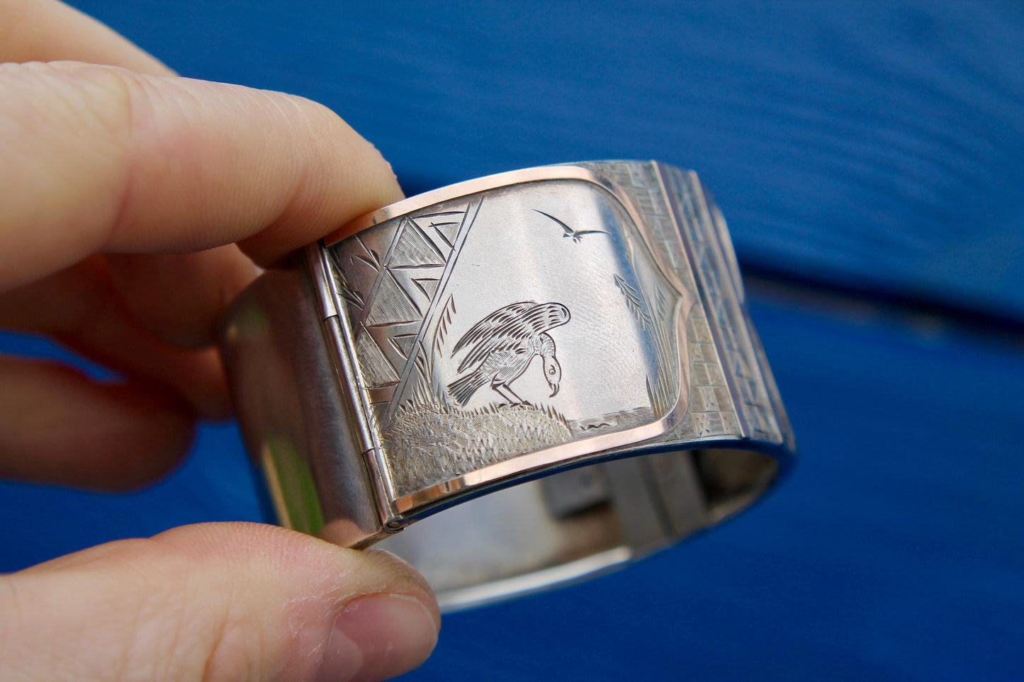 Antique Sterling Silver 9ct Gold Bird Scene Chased Bangle, 6.75"