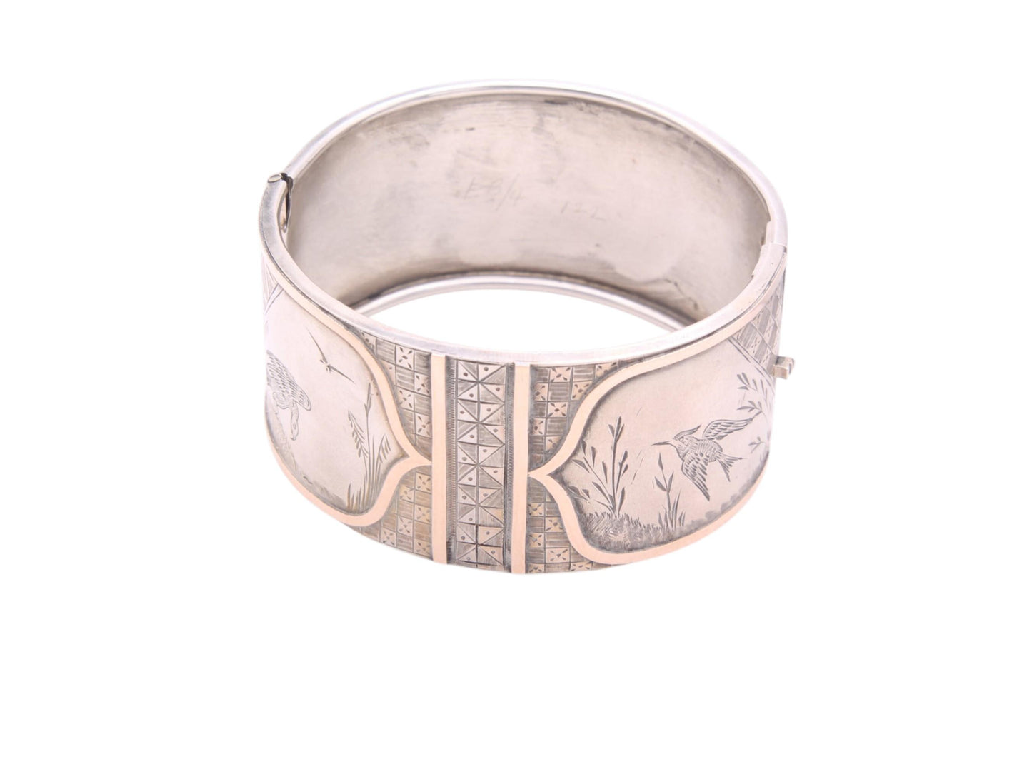 Antique Sterling Silver 9ct Gold Bird Scene Chased Bangle, 6.75"