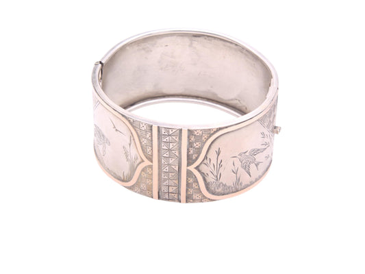 Antique Sterling Silver 9ct Gold Bird Scene Chased Bangle, 6.75"