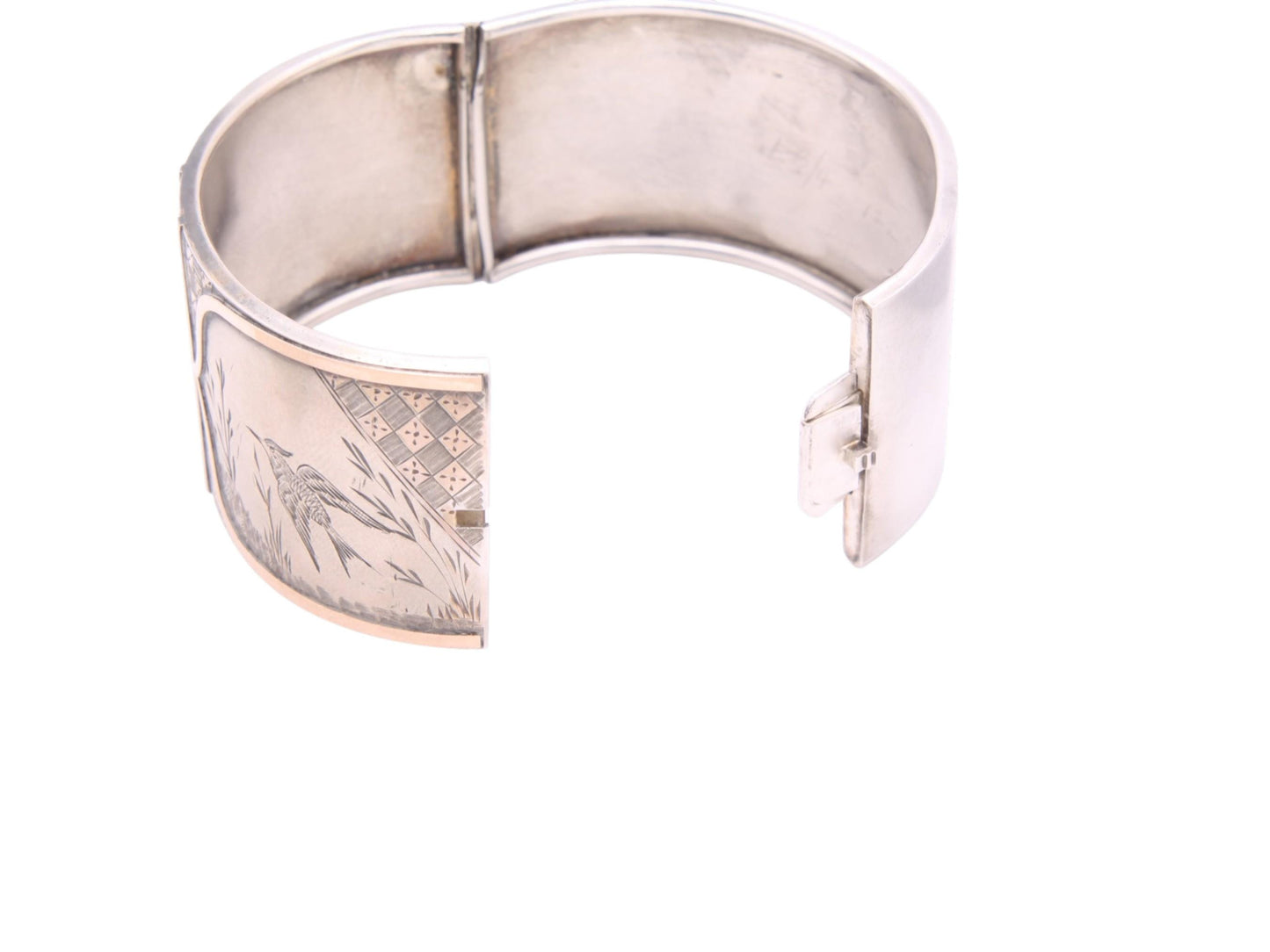 Antique Sterling Silver 9ct Gold Bird Scene Chased Bangle, 6.75"