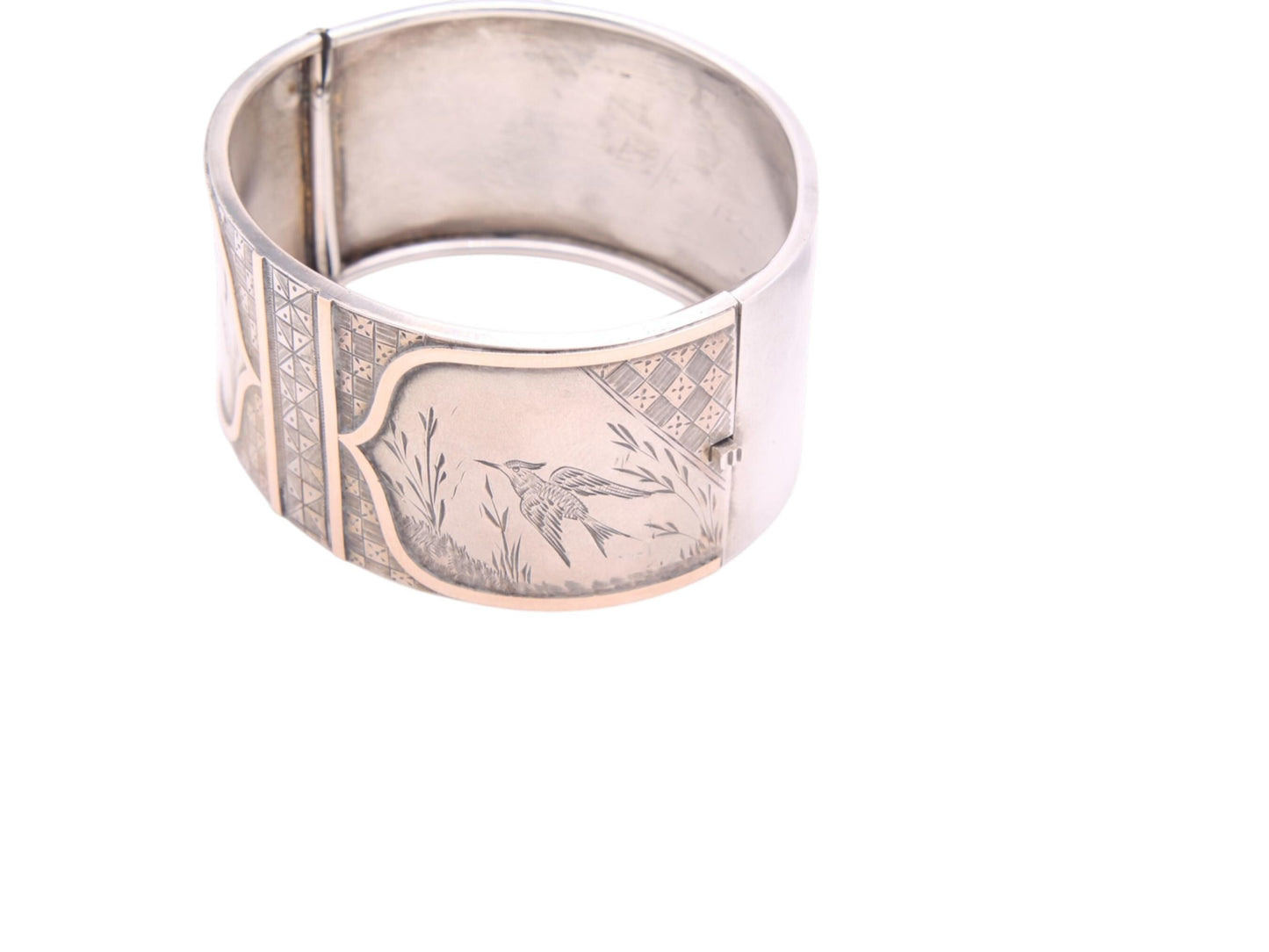 Antique Sterling Silver 9ct Gold Bird Scene Chased Bangle, 6.75"