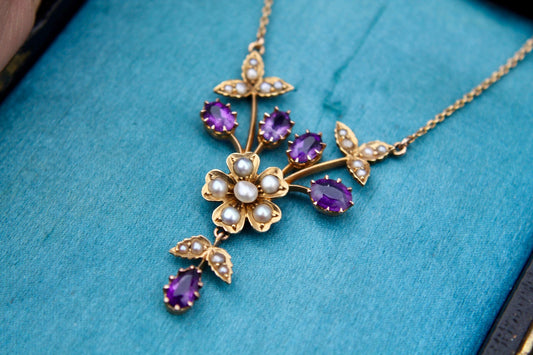 Antique 15ct Gold Amethyst Pearl Flower Pendant Necklace, 16.5"