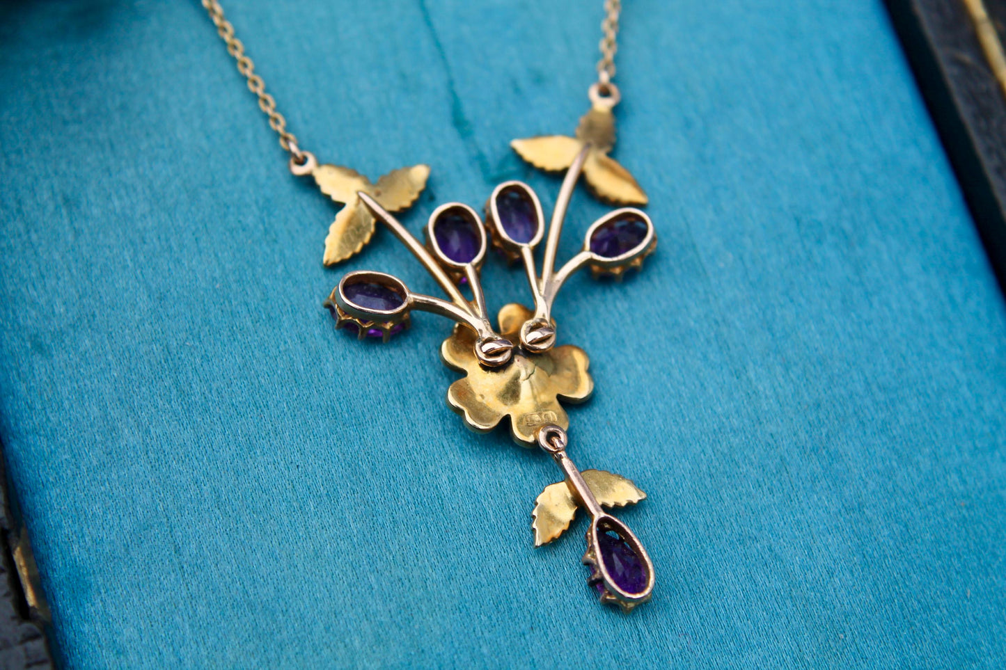 Antique 15ct Gold Amethyst Pearl Flower Pendant Necklace, 16.5"