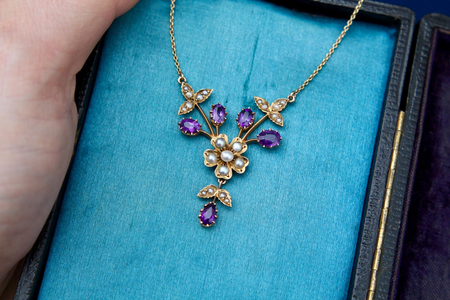 Antique 15ct Gold Amethyst Pearl Flower Pendant Necklace, 16.5"