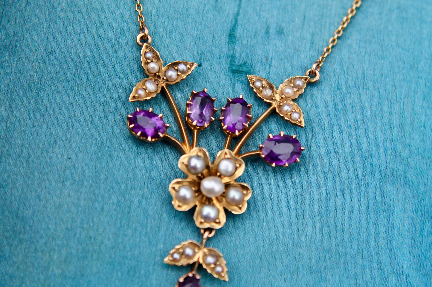 Antique 15ct Gold Amethyst Pearl Flower Pendant Necklace, 16.5"
