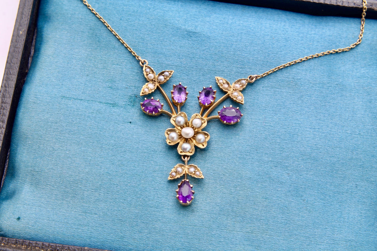 Antique 15ct Gold Amethyst Pearl Flower Pendant Necklace, 16.5"