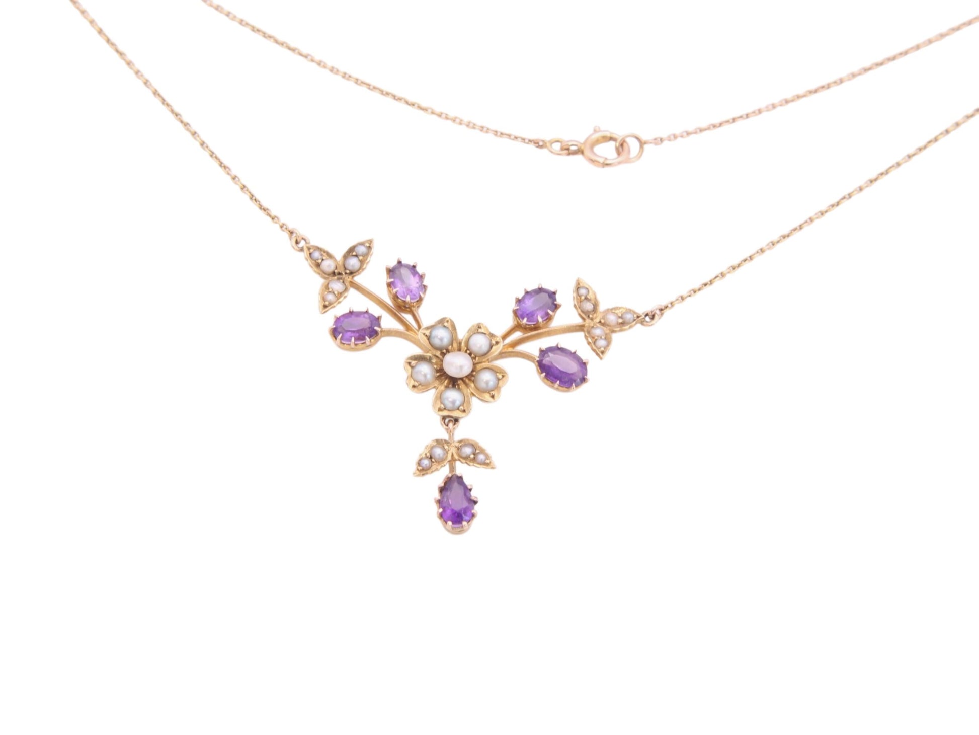 Antique-15ct-Gold-Amethyst-Pearl-Flower-Pendant-Necklace,-16.5"