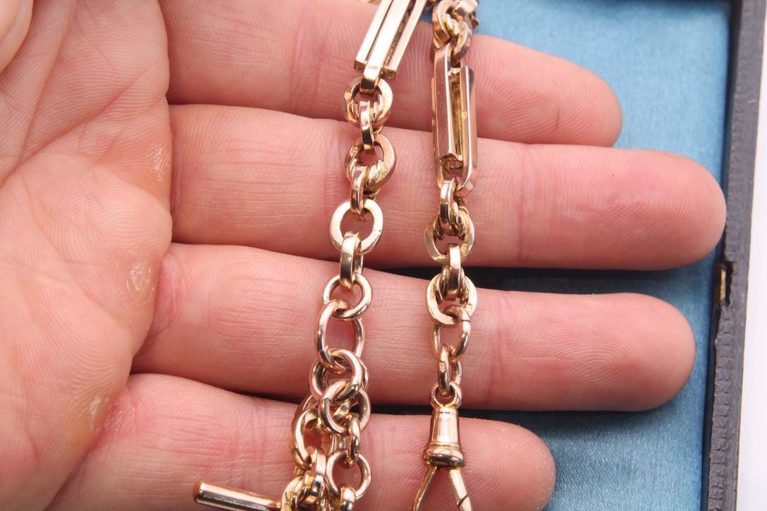 Antique 9ct Gold Lovers Knot & Fetter Link Necklace Albert Chain, 17.25"