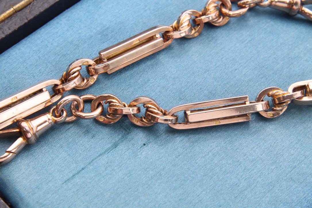 Antique 9ct Gold Lovers Knot & Fetter Link Necklace Albert Chain, 17.25"