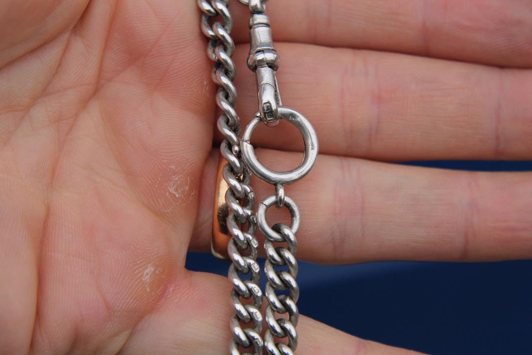 Antique Sterling Silver Curb Link Double Albert Necklace Chain, 14"