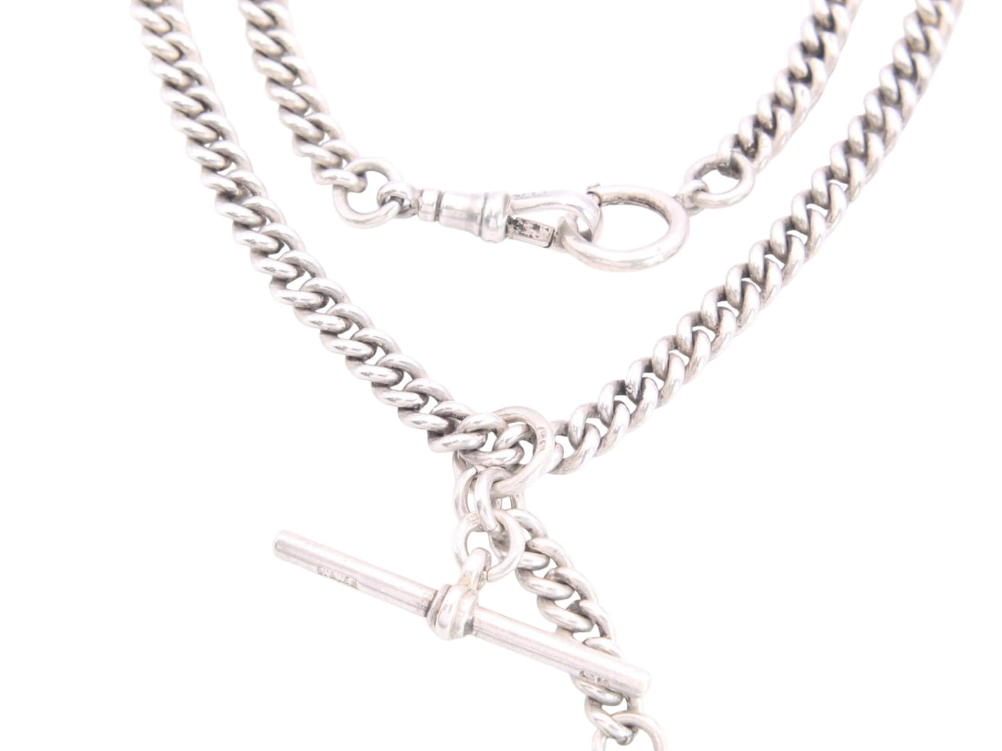 Antique-Sterling-Silver-Curb-Link-Double-Albert-Necklace-Chain,-14"