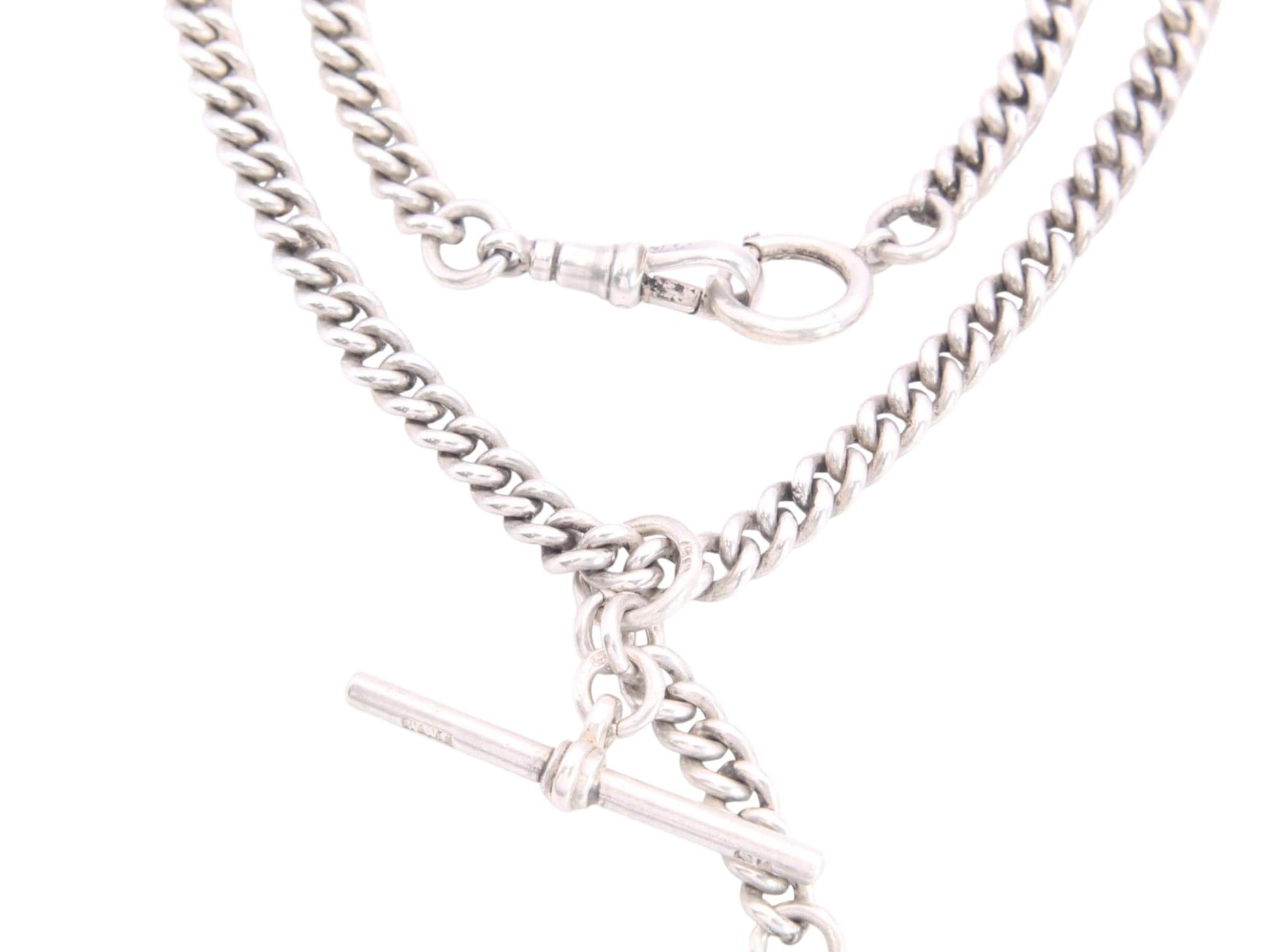 Antique-Sterling-Silver-Curb-Link-Double-Albert-Necklace-Chain,-14"