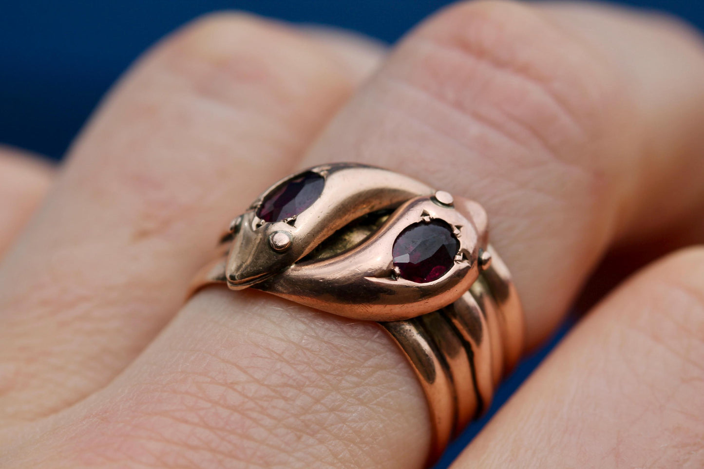 Antique 9ct Rose Gold Double Snake Head Garnet Ring, 1920