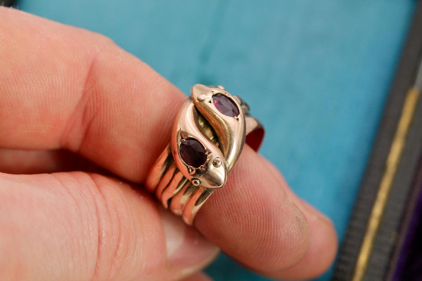 Antique 9ct Rose Gold Double Snake Head Garnet Ring, 1920