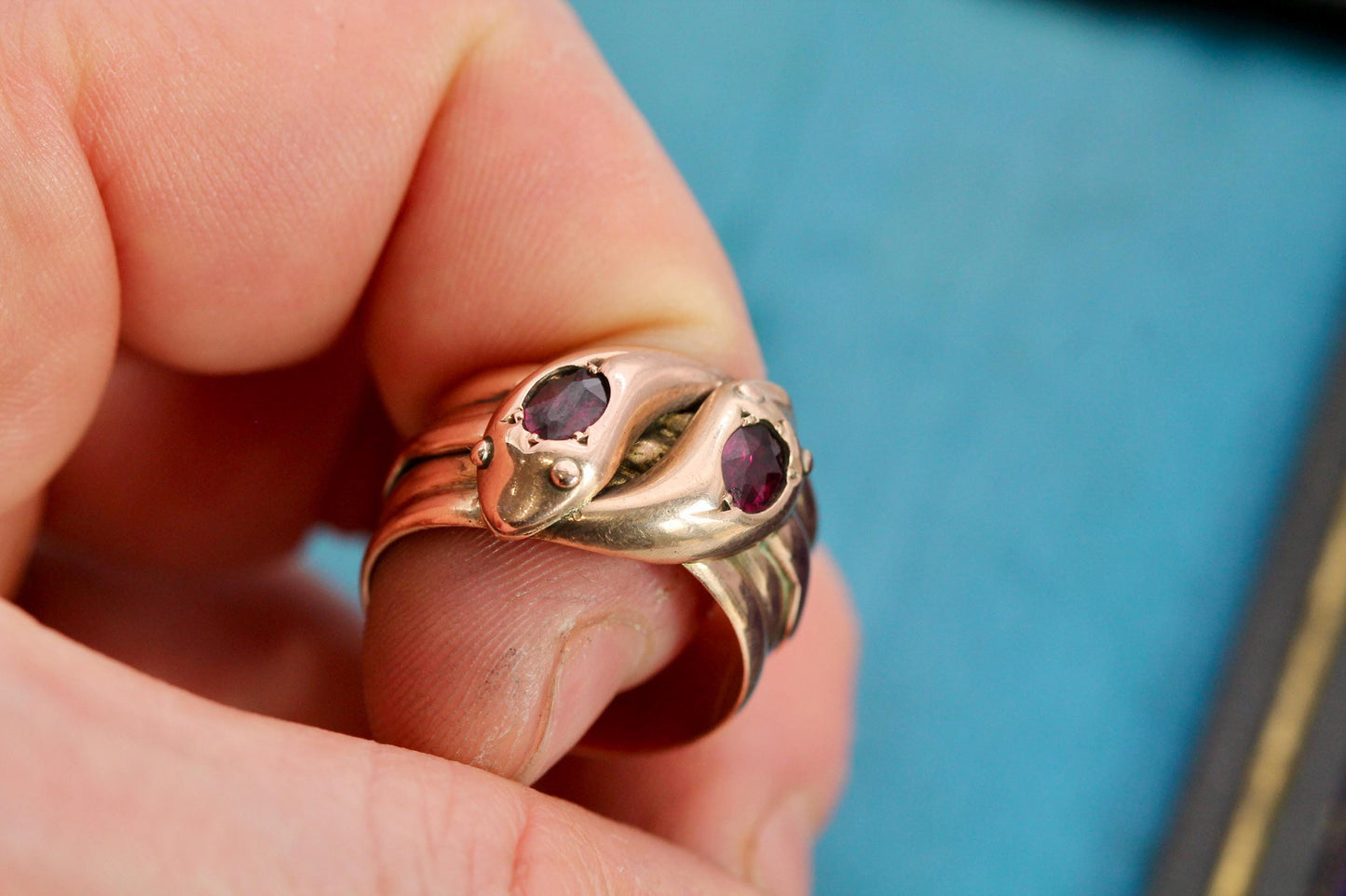 Antique 9ct Rose Gold Double Snake Head Garnet Ring, 1920
