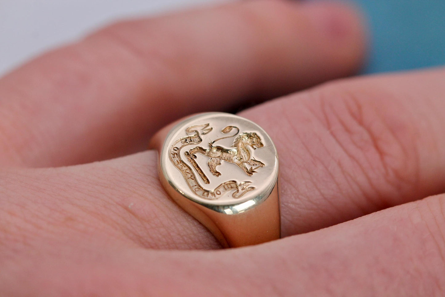 Vintage 9ct Gold Intaglio Lion "Fearless in his pride" Welsh Signet Ring, 1963