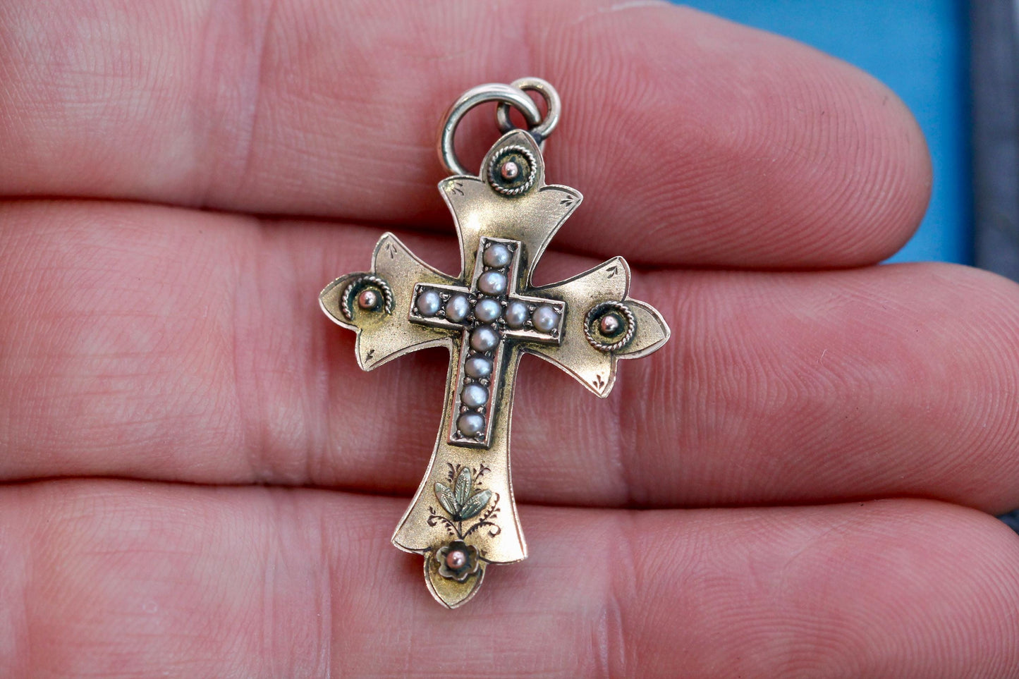 Antique 9ct Gold Seed Pearl Cross, 1893