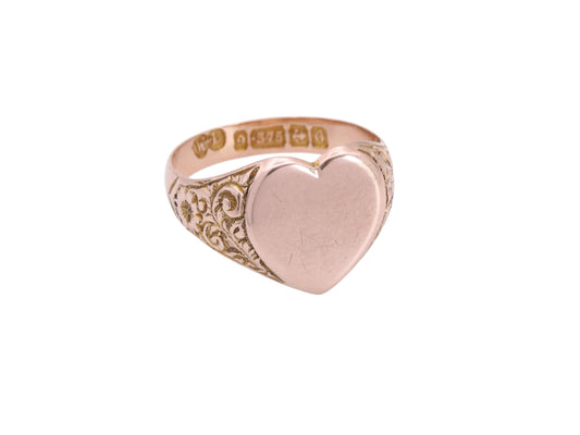 Antique 9ct Gold Heart Signet Ring, 1913