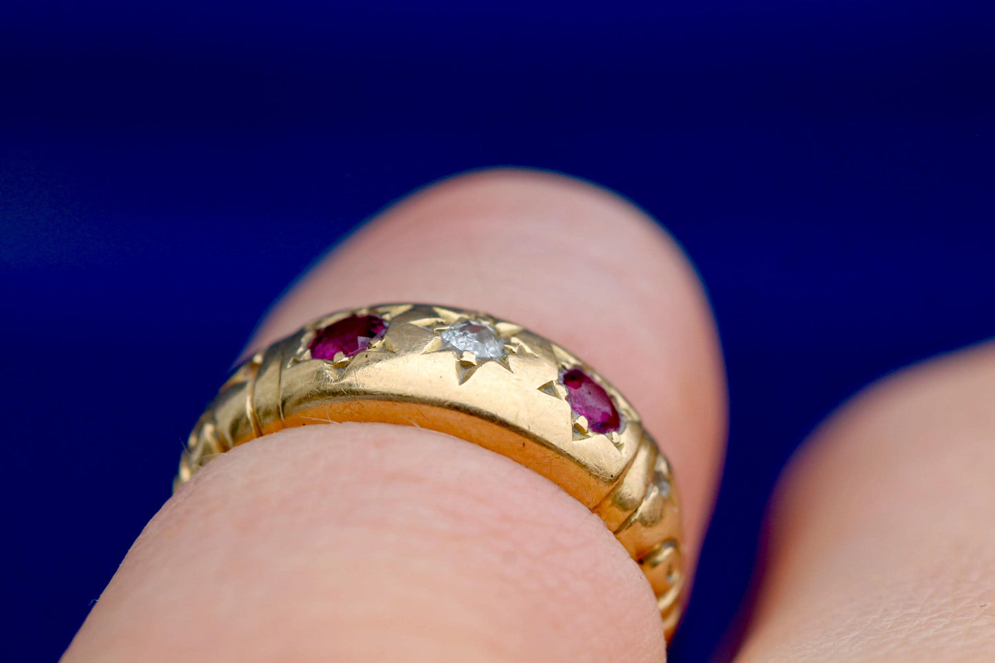 Antique 18ct Gold Diamond Ruby Gypsy Set Ring, 1915