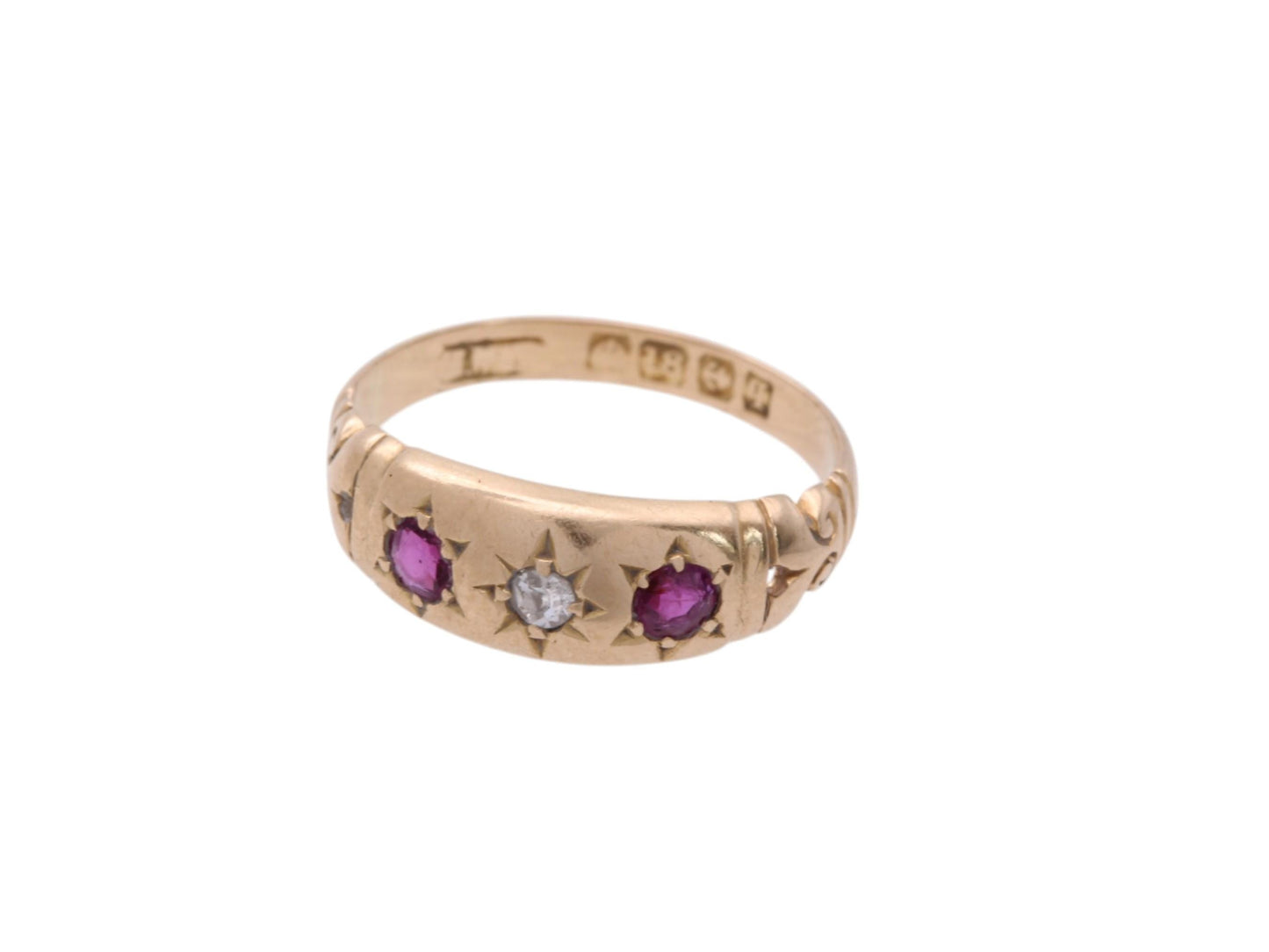 Antique 18ct Gold Diamond Ruby Gypsy Set Ring, 1915