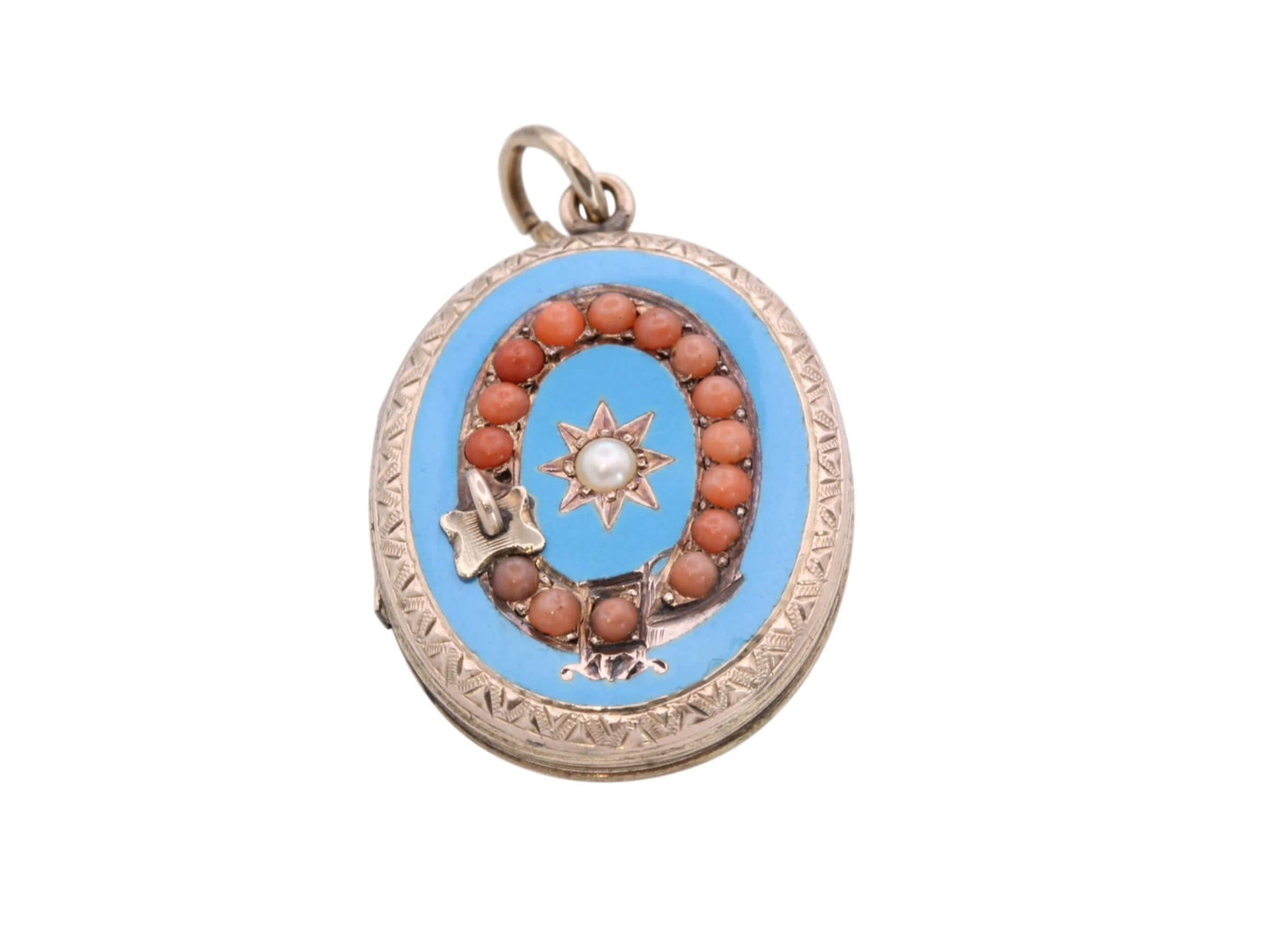 Antique 9ct Gold Coral, Pearl Buckle Enamel Locket