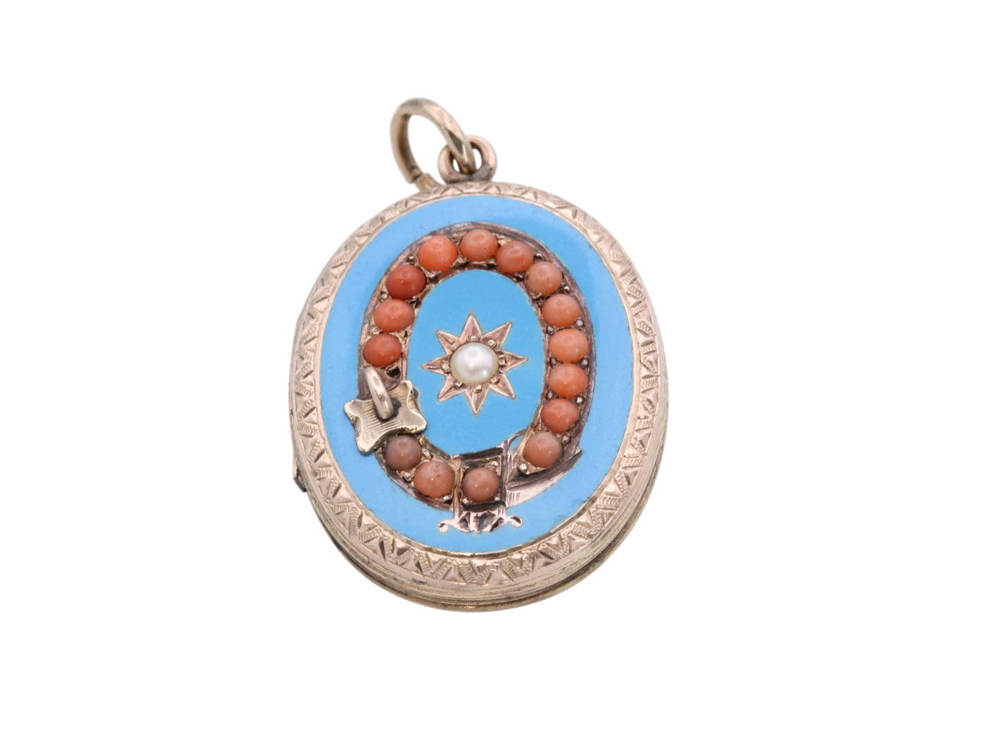 Antique 9ct Gold Coral, Pearl Buckle Enamel Locket