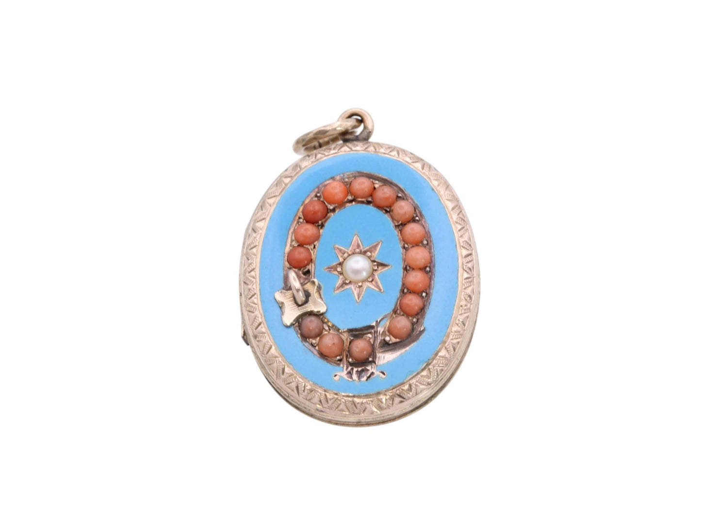 Antique 9ct Gold Coral, Pearl Buckle Enamel Locket