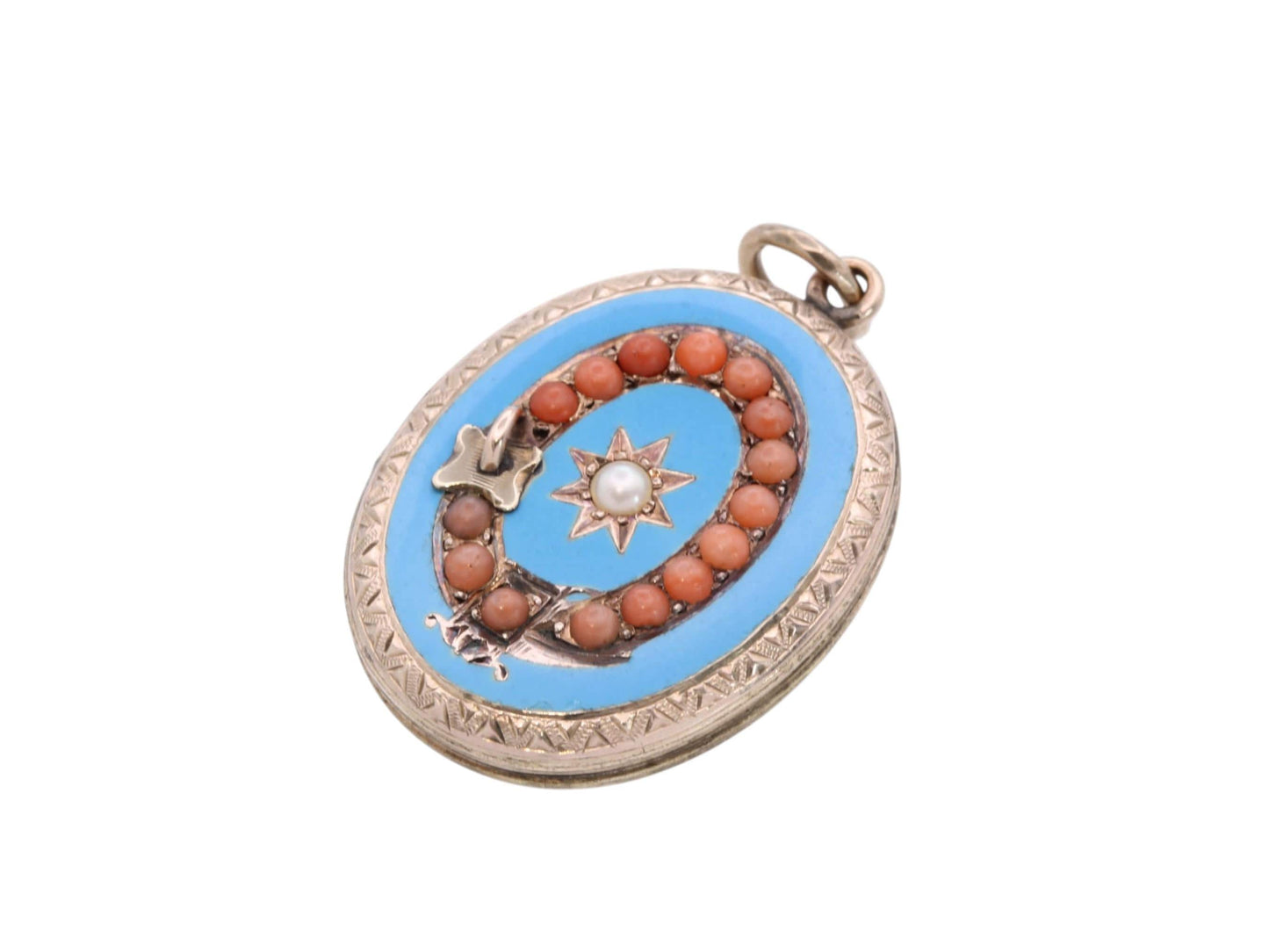 Antique 9ct Gold Coral, Pearl Buckle Enamel Locket